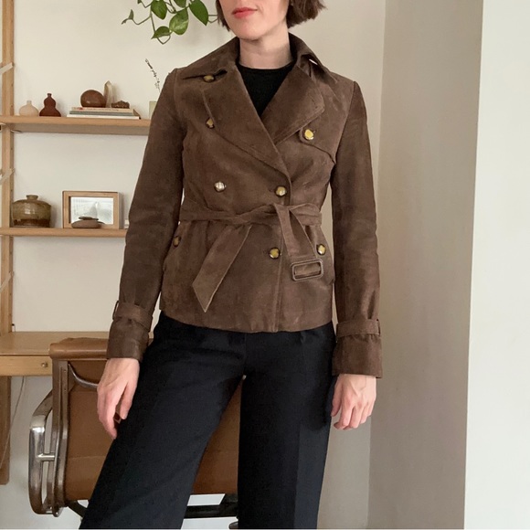 Vintage Suede Leather Cropped Trench Coat Small - Picture 3 of 7